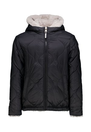 Veste matelassée noire avec une capuche doublée en fausse fourrure, fermeture éclair, poches latérales et motif texturé sur le tissu.