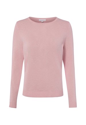 Pull rose clair à manches longues et col rond, avec poignets et ourlet côtelés, confectionné en tissu tricoté doux.