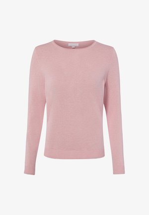 Pull rose clair à manches longues et col rond, avec poignets et ourlet côtelés, confectionné en tissu tricoté doux.
