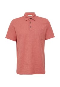 Rotes, strukturiertes Polohemd mit kurzen Ärmeln, dreiknöpfiger Knopfleiste und einer Brusttasche auf der linken Seite. Es hat einen klassischen Kragen und ein dezentes Muster.