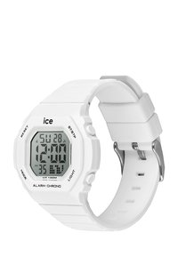 Orologio digitale bianco con cinturino in silicone, dotato di cassa ottagonale, display digitale e pulsanti per modalità, reset e luce.