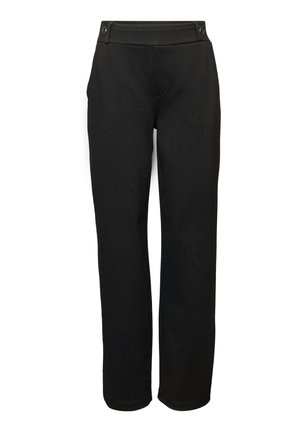 Zwarte rechte broek met een knoopjesriem en geen zichtbare zakken, getoond op een witte achtergrond.