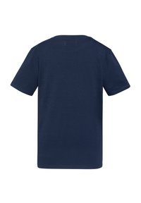 Camiseta de algodón azul marino con cuello redondo y mangas cortas, que presenta un diseño liso sin logotipos ni patrones visibles.