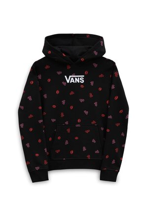 Felpa nera Vans con motivi di labbra rosse e farfalle rosa ovunque, tasca a marsupio frontale e logo Vans bianco sul petto.