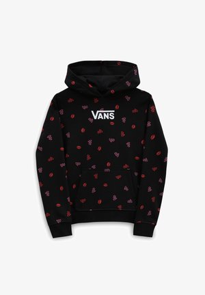 Sweat à capuche Vans noir avec motifs de lèvres rouges et papillons roses partout, poche kangourou à l'avant, et logo Vans blanc sur la poitrine.
