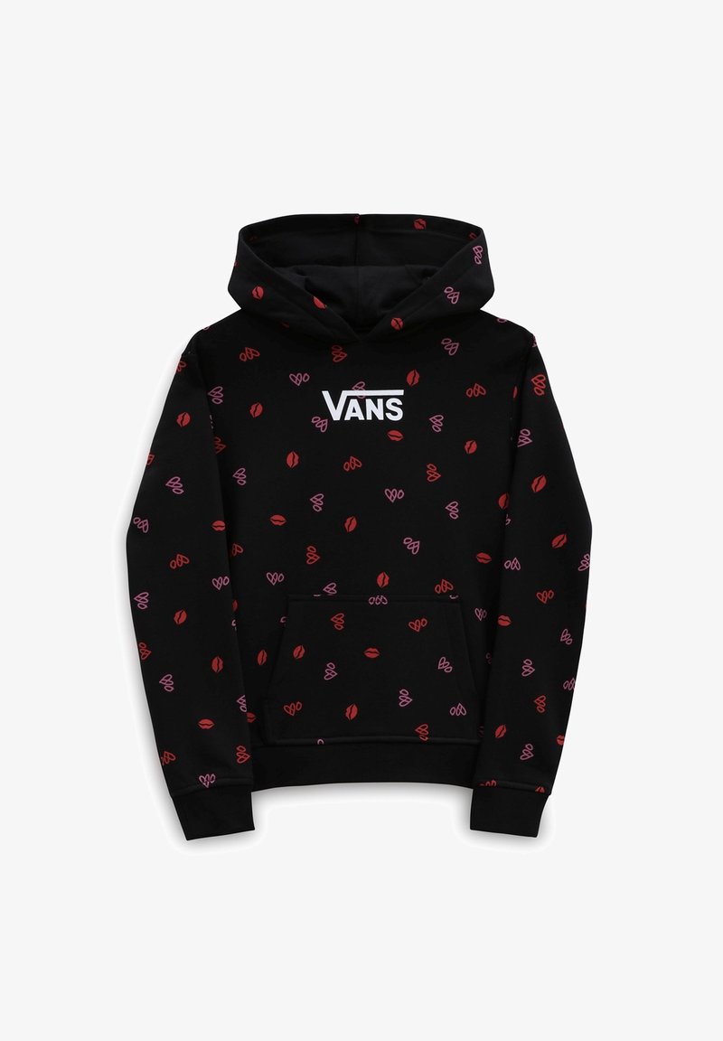 Sweat à capuche Vans noir avec motifs de lèvres rouges et papillons roses partout, poche kangourou à l'avant, et logo Vans blanc sur la poitrine.