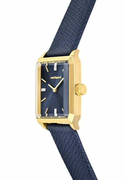 Gouden rechthoekig polshorloge met donkere blauwe wijzerplaat, gouden markers en een getextureerde donkerblauwe leren band, toont tijd 10:10.