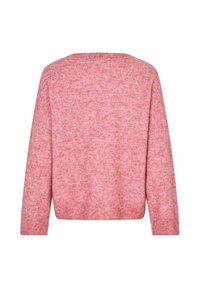 Rosafarbener, strukturierter Strickpullover mit weitem Ausschnitt, überschnittenen Schultern und gerippten Bündchen und Saum. Die Rückansicht zeigt einen weichen, melierten Stoff.