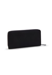 Portafoglio in pelle nera con una texture liscia, forma rettangolare allungata, dotato di chiusura con zip e un piccolo dettaglio argentato.