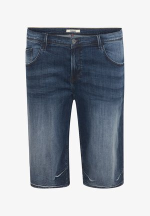 Denimshorts i mörkblått med blekta områden. Har fem fickor, dragkedja och en något sliten textur. Klassisk design.