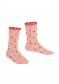 Rosa Knöchelsocken mit einem gewellten oberen Rand, versehen mit einem Blumenmuster aus roten und weißen Blumen und grünen Blättern. Weicher Strickstoff.
