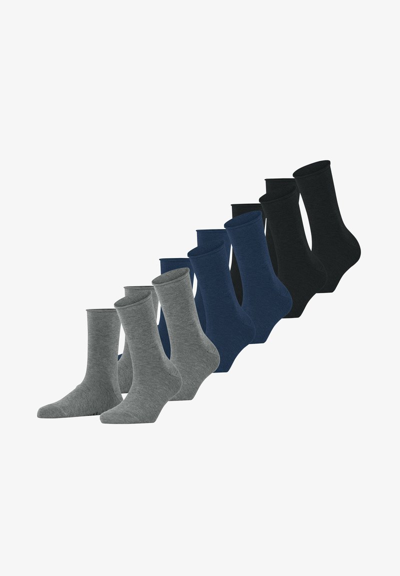 Pack de six chaussettes en gris, marine et noir. Longueur mi-mollet, texture côtelée, et couleurs unies sans motifs, avec une finition lisse.