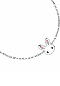 Bracciale in argento con charm a forma di coniglio con accenti rosa, testa rotonda e occhi espressivi. La catena presenta un delicato design a maglie.