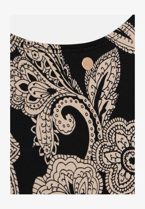 Zwarte stof met een beige paisley- en bloemenpatroon, gedetailleerd met fijne lijnen en een klein metallic logoaccent.