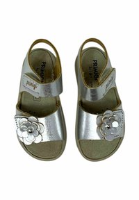 Sandali metallici argento con un accento floreale sulla cinghia, fibbia regolabile e design open-toe. Soletta morbida per il comfort.