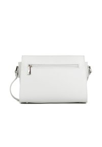 Borsa a tracolla bianca in pelle con superficie liscia, design a pattina diagonale, tasca con zip sul retro e tracolla regolabile. Stile minimalistico con cuciture ordinate.