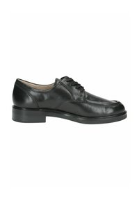 Scarpa da dress in pelle nera con finitura liscia, punta arrotondata e lacci. Presenta un tacco basso e strutturato e accenti di cucitura discreti.