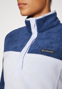 Marineblå og hvit fleecegenser med høy krage, trykknapplukking og svart Columbia-logo på brystet.