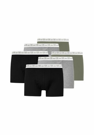 Sechserpack Herren-Boxershorts in Schwarz, Grau und Grün mit weißen elastischen Taillenbändern, die mit "QS"-Marken versehen sind.
