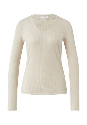 Beige geripptes Langarmshirt mit V-Ausschnitt. Weiche Textur, figurbetonte Form und flache Nähte. Keine Muster oder sichtbaren Hardware-Details.