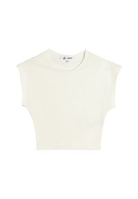 Korte mouw top in off-white, met een ontspannen pasvorm, een ronde halslijn en een uniek uitgesneden schouderontwerp, gemaakt van zachte katoenstof.