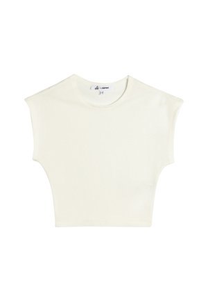 Lyhythihainen paita off-white-värissä, joka on rento malli, jossa on pyöreä kaula-aukko ja ainutlaatuinen leikattu olkapäädesign, valmistettu pehmeästä puuvillakankaasta.