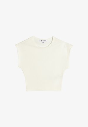 Kurzärmliges Oberteil in Off-White, mit lockerer Passform, Rundhalsausschnitt und einzigartigem Ausschnitt-Design an den Schultern, aus weichem Baumwollstoff gefertigt.