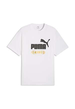 Weißes kurzärmeliges T-Shirt mit schwarzem Puma-Logo und goldenem "KING"-Schriftzug, mittig auf der Vorderseite.