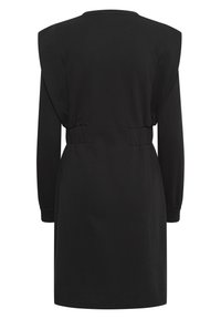 Robe noire à manches longues avec épaulettes. Taille élastiquée avec une coupe décontractée. Tissu doux, longueur au genou, design minimaliste, sans motifs.