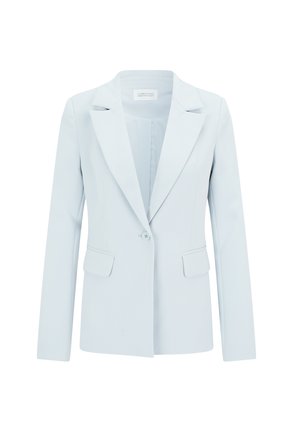 Hellblauer, maßgeschneiderter Damenblazer mit Kerbkragen, langen Ärmeln, vorderer Knopfverschluss und zwei Klappentaschen.