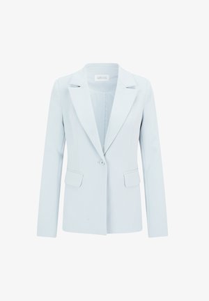 Light blue tailored women's blazer with notch lapels, long sleeves, front button closure, and two flap pockets.