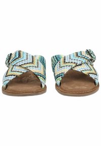 Sandali a scivolo intrecciati con motivo a zig-zag in blu, verde e beige. Sottopiede in morbido suede marrone con suola flessibile e fibbia regolabile.