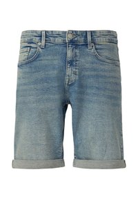 Shorts en denim bleu clair avec une texture légèrement décolorée, design à cinq poches et ourlets retroussés. Fermeture classique par bouton et zip à l'avant.