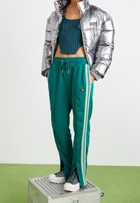 Stříbrná nadýchaná bunda, zelený krátký top s vertikálními pruhy a tyrkysové sportovní kalhoty s bočními pruhy. Doplňují je šedé tenisky s bílými podrážkami.