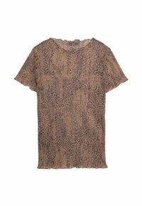 Brun kortärmad topp med leopardmönster. Har en lätt skulpterad halsringning och ett löst, lätt tyg.