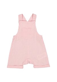 Giubbotto rosa a righe con un'apertura circolare nella parte inferiore, spalline e taschino sul petto. Realizzato in tessuto leggero.