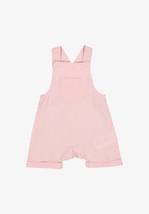 Stribede lyserøde overaller med en rund udskæring i bunden, stropper på skuldrene og en brystlomme. Fremstillet af letvægtsstof.