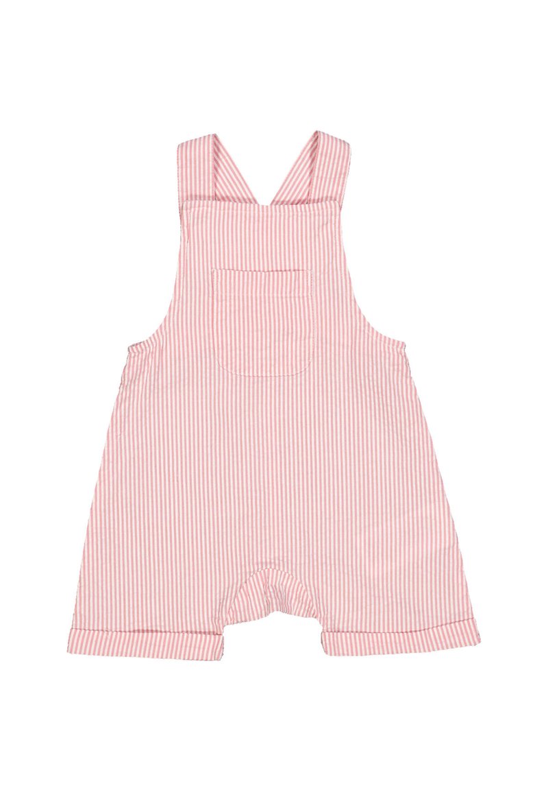 Giubbotto rosa a righe con un'apertura circolare nella parte inferiore, spalline e taschino sul petto. Realizzato in tessuto leggero.