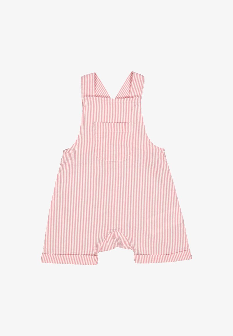 Striped pink overalls with a round cutout at the bottom, shoulder straps, and a chest pocket. Made from lightweight fabric.