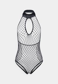 Bodysuit de rede preta com amarração no pescoço, apresentando um recorte oval nas costas e um design ajustado. Padrão de malha texturizada por todo o conjunto.