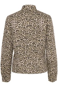 Leopardenmuster-Jacke in Tan, Beige und Olivgrün. Sie verfügt über einen Kragen, lange Ärmel und einen taillierten Rücken mit dezenten Nähten.