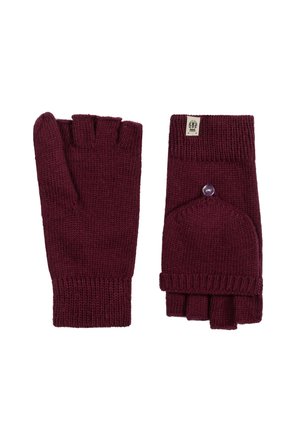 Bordeauxfarbene fingerlose Handschuhe aus Strickstoff. Mit gerippten Bündchen und einem Knopf-Detail im Handgelenksbereich sowie einer integrierten Daumenöffnung.