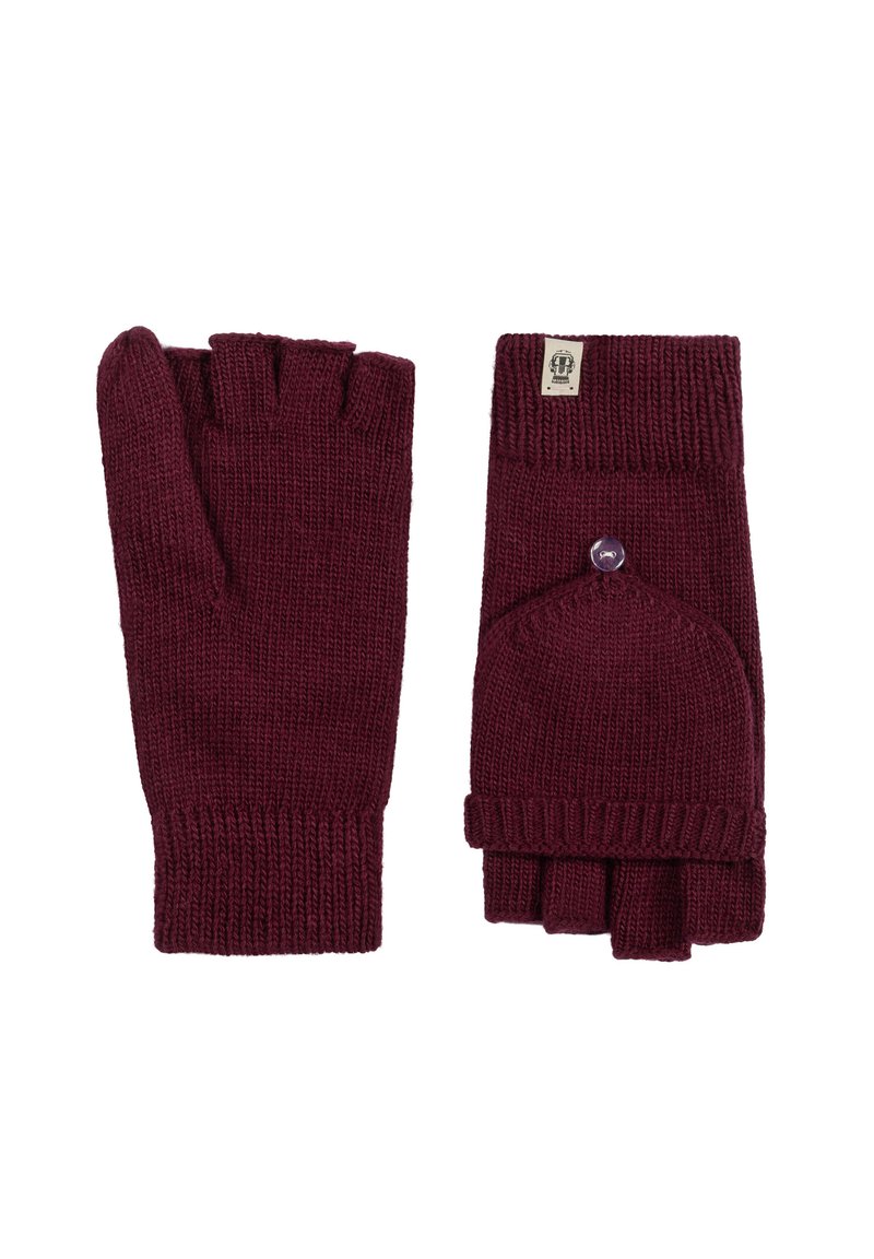 Maroon fingerless gloves made of knit fabric. Features ribbed cuffs and a button accent on the wrist area with an integrated thumb opening.