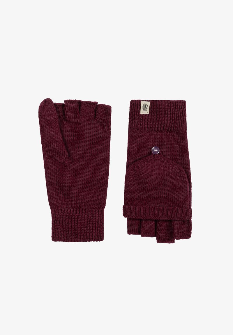 Maroon fingerless gloves made of knit fabric. Features ribbed cuffs and a button accent on the wrist area with an integrated thumb opening.