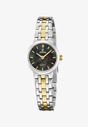 Orologio a bracciale in metallo argento e oro con quadrante nero piccolo, indicatori delle ore e lancette dorate, che segna le 10:09.