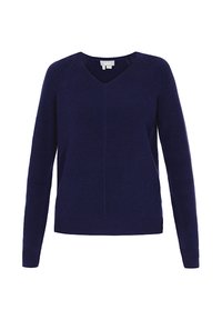 Pulover tricotat de culoare bleumarin, cu decolteu în V, mâneci raglan lungi și un model texturat pe partea din față și spate.