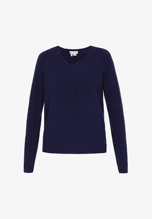 Tengerészkék kötött pulóver V-nyakkivágással, hosszú raglán ujjakkal és texturált mintával az elején és a hátán.