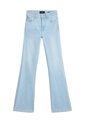 Jean denim bleu clair taille haute avec une légère évasement, poches avant et arrière, fermeture par bouton et zip.