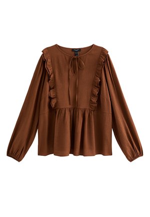 Bruine blouse met lange mouwen en een gestructureerde stof, met ruches langs de halslijn en aan de zijkanten, en een strikdetail bij de kraag.