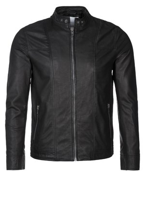 Veste en cuir noire pour homme avec fermeture éclair sur le devant, col montant avec boutons-pression et poches latérales zippées.
